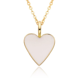 Detailed view of the 14K gold plated chain with white enamel heart pendant and reflection