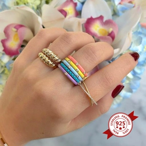 Adjustable 925 sterling silver ring set with micro-set zircon and colorful enamel drips