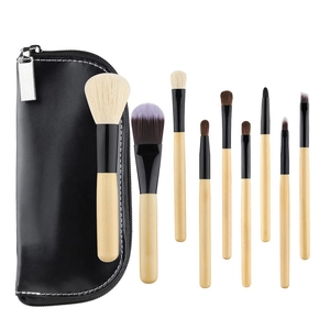 9pcs wool makeup brush set with wooden handles and black PU storage pouch