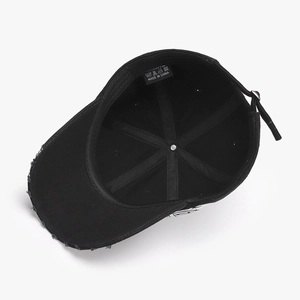 Unisex black distressed cotton baseball cap with adjustable strap and inner seam detail
