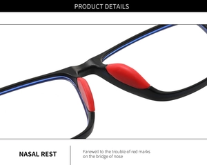 Dettaglio dei naselli in silicone rosso flessibile su occhiali sportivi leggeri