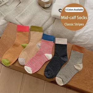 Chaussettes Mi-Mollet Femmes Coton Rayé Respirant Style Japonais Rétro Bloc De Couleur Décontracté Mode Accessoires