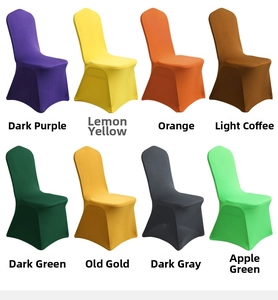 Detailed grid view of eight colorful elastic chair covers for weddings and banquets