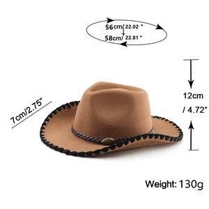 Detailed dimensions of brown cowboy hat with western bull buckle and braided brim edges