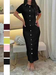 Damen Elegantes Strukturiertes Strick Midikleid Kurzarm Knopfleiste Slim Fit Business Bodycon