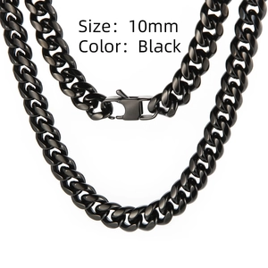 Detail of 10mm black stainless steel Cuban link necklace with a sturdy clasp closure