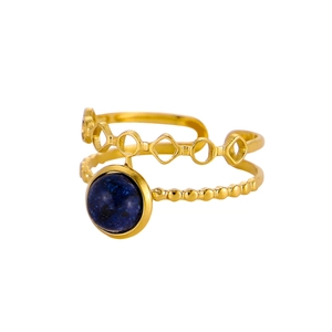 Detailed shot of a gold open ring with navy lapis lazuli and geometric chain link design