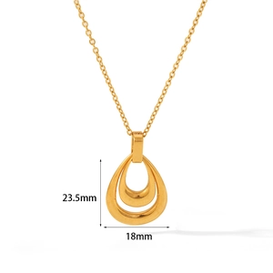 Detail view of 18k gold double teardrop earrings with 23.5mm height and 18mm width dimensions