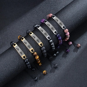 Custom stainless steel beaded bracelet with photo eye plate and natural tiger eye stones