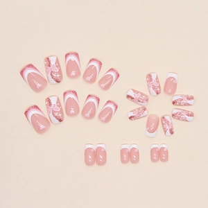 Sparkly pink butterfly heart press-on nails in medium square French tip style