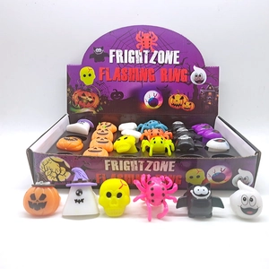 Halloween LED flashing ring set with pumpkin, ghost, and skull designs in a display box
