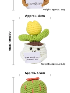 Detail showing crocheted tulip pot dimensions 10x8cm with Life would succ card