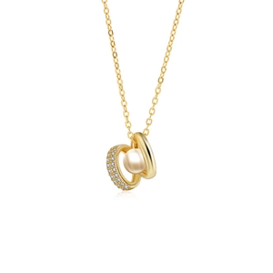 925 silver necklace with golden double circles, sparkling cubic zirconia, and a round pearl