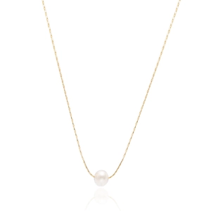 Minimalist titanium steel necklace with a single round natural freshwater pearl on white background