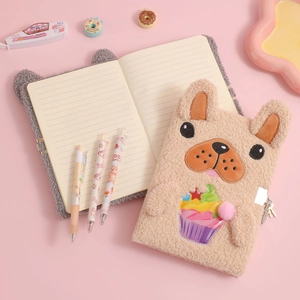 Cute plush dog A5 notebook with lock and rainbow cupcake embroidery on pink background