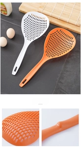 Close-up of food-grade slotted spoons with anti-slip long handles and hanging holes