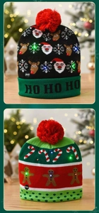 Detail of LED Christmas knit hats with festive Santa, reindeer, and gingerbread patterns