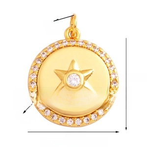 Detail view of 15mm gold star charm with crystal inlay and technical measurements