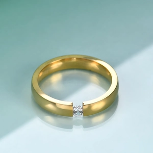 Detailed view of 3mm gold stainless steel ring with a single polished round gemstone inlay