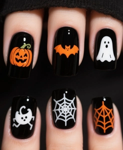 Macro shot of Halloween press-on nails with pumpkin, bat, and spider web designs