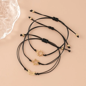 Three celestial sun moon star adjustable black wax rope bracelets with gold charms