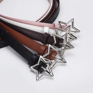 Women's star buckle thin belts in black, brown, and pink with silver star alloy hardware