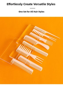 Detail view of 9-piece beige professional hair styling comb set for salon and home use