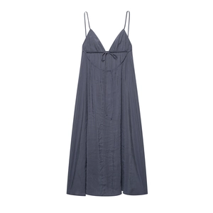 Elegant grey V-neck spaghetti strap maxi dress with bow detail and silky flowing fabric
