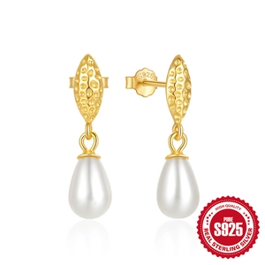 S925 sterling silver drop earrings with golden hammered metal and cream pearls