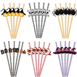 Halloween Decorative Paper Straws Pumpkin Skull Spider Eye Witch Hat Pattern Chevron Party Drinking Straw Decoration Home Festive Accessory