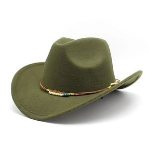Detail view of army green wide brim wool felt cowboy hat with colorful beaded band trim