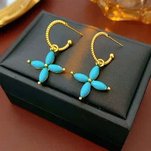 Turquoise Flower Drop Earrings For Women Gold Plated Copper Clover Dangle Earrings With Silver Earring Post