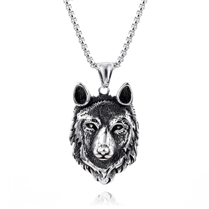Mens vintage stainless steel wolf head pendant with realistic fur texture on round link chain