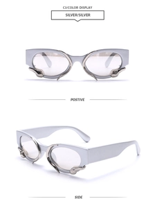 Detailed views of silver snake-pattern sunglasses with a futuristic Y2K flame-style frame