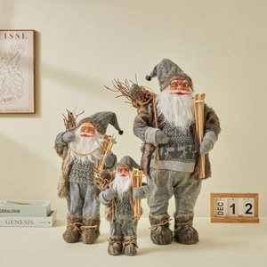 Poupée Père Noël Nordique Ornement Figurine Debout Tricot Fausse Fourrure Skis En Bois Décoration Noël Maison