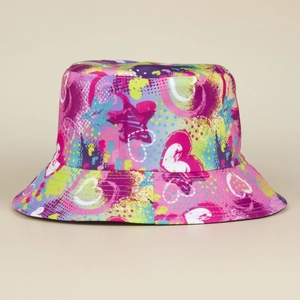Detail of colorful graffiti heart and star print on a vibrant cotton bucket sun hat