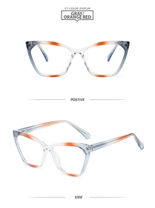 Detail view of TR90 cat-eye eyeglass frames in gray and orange-red gradient finish