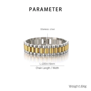 Detail view of two-tone stainless steel link bracelet showing 15mm width and 64g weight