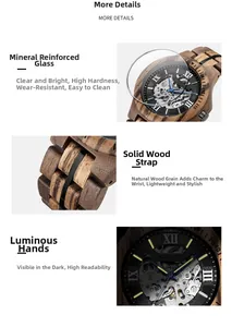 Detailed macro view of the automatic wooden watch featuring a skeleton mechanical dial