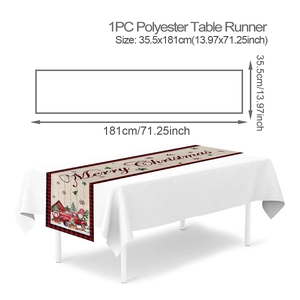 Polyester Christmas table runner with gnome truck design and detailed size measurements
