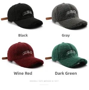 Dettagli del ricamo e texture in peluche dei cappellini da baseball invernali in quattro colori