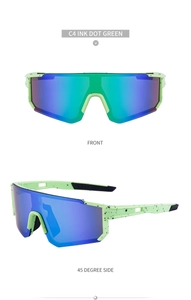 Detail view of colorful cycling sunglasses in C4 Ink Dot Green with gradient lenses