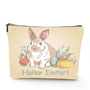 Detailed view of the linen Easter makeup bag featuring a cute rabbit and zipper closure