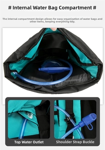 Outdoor hiking backpack detail with hydration bladder compartment and water pipe outlet