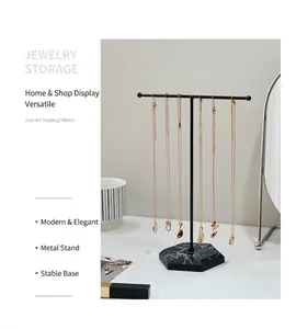 T-shaped metal jewelry stand with hexagonal marble base for necklace display