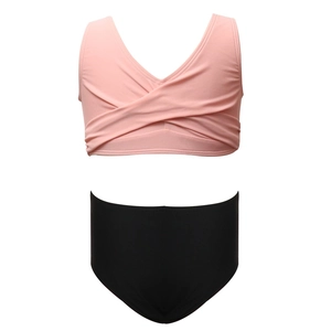 Girls pink cross front bikini top and high waisted black swim shorts set