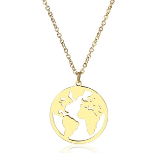 Gold stainless steel world map pendant necklace with minimalist hollow round design
