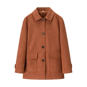Women's minimalist caramel faux suede jacket with lapel collar and single-breasted buttons