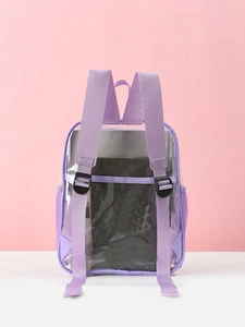 Detail view of the clear PVC backpack with purple nylon straps and side mesh pockets