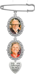 Silver memorial brooch with two oval photo frames and engraved heart pendant charms